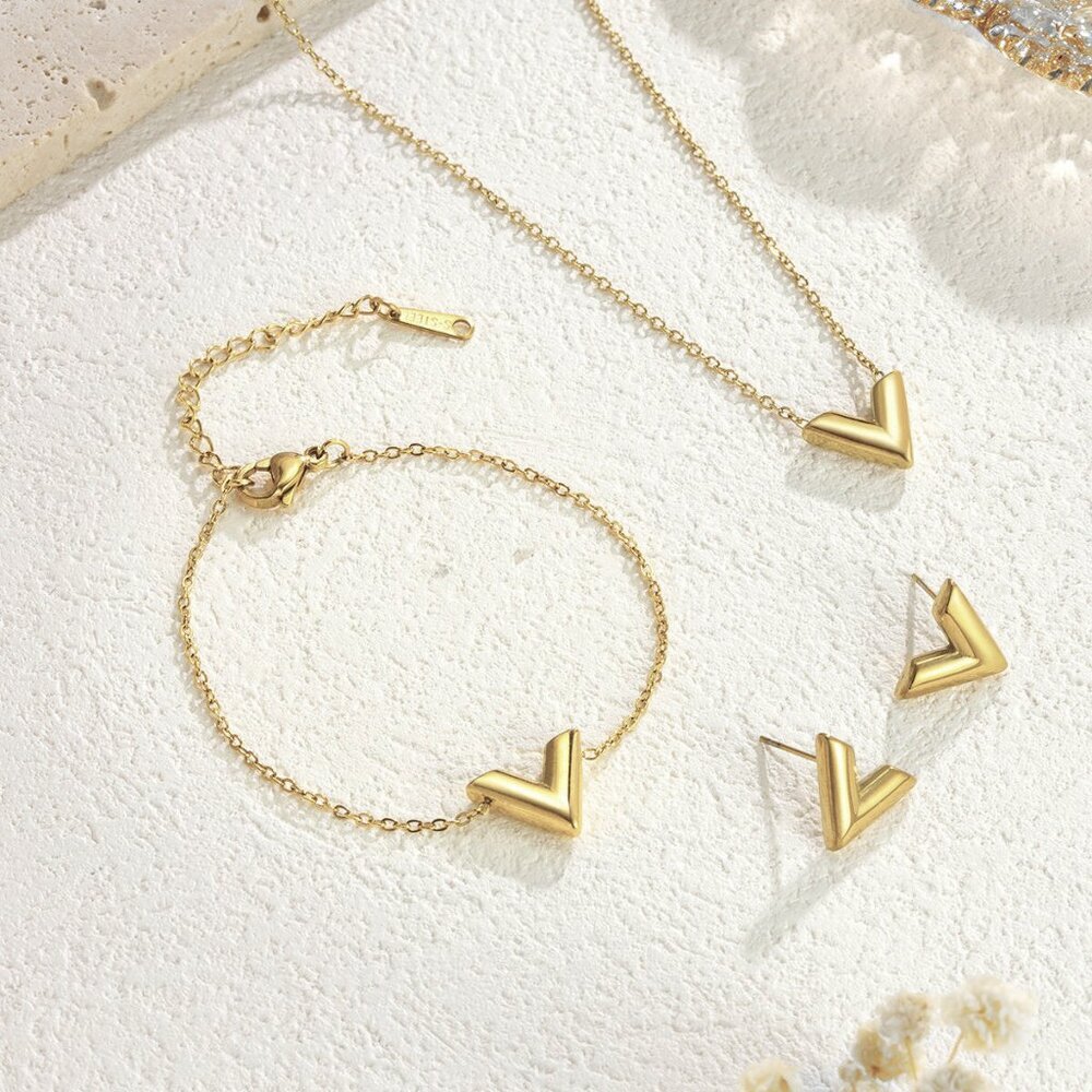 Gold V Jewelry Set | Necklace Bracelet Earrings | Boutique